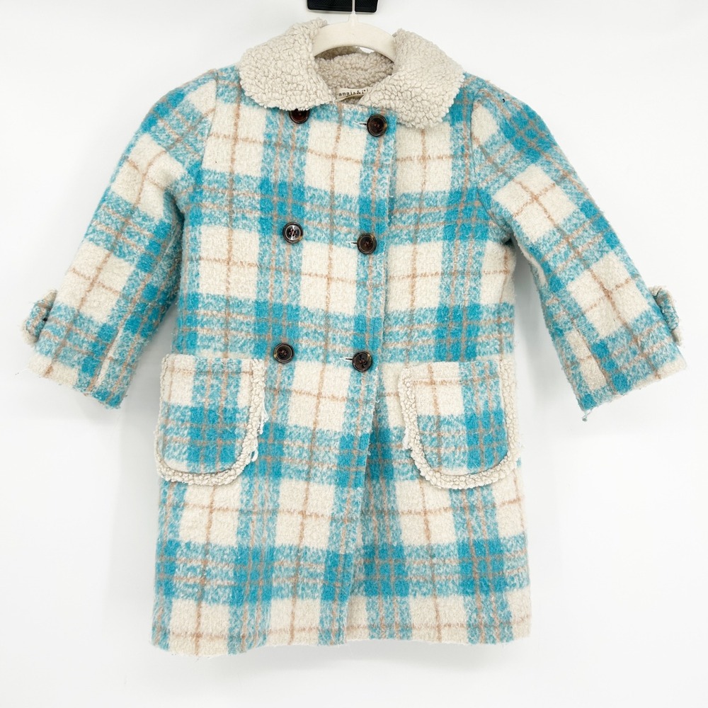 Anais & I Girls Plaid Sherpa Lined Double Breasted Wool‎ Blend Coat Size 3T